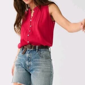 Faherty Women’s Peasant Pintuck Ruffle Sleeveless Top Red Organic Cotton XXL